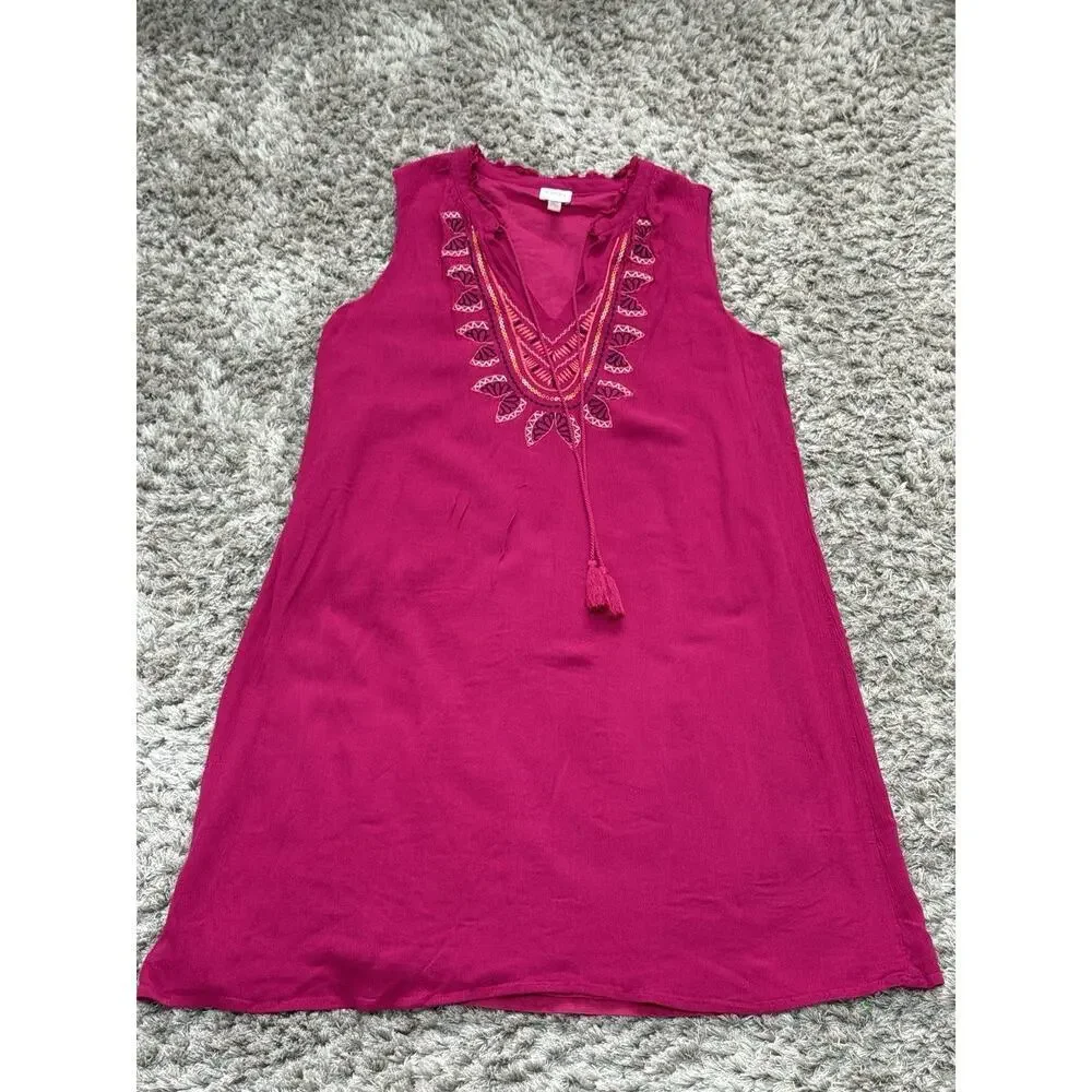 Cupio Boho Embroidered Shift Dress Size M Fuchsia Pink Sleeveless Tassel Fairy